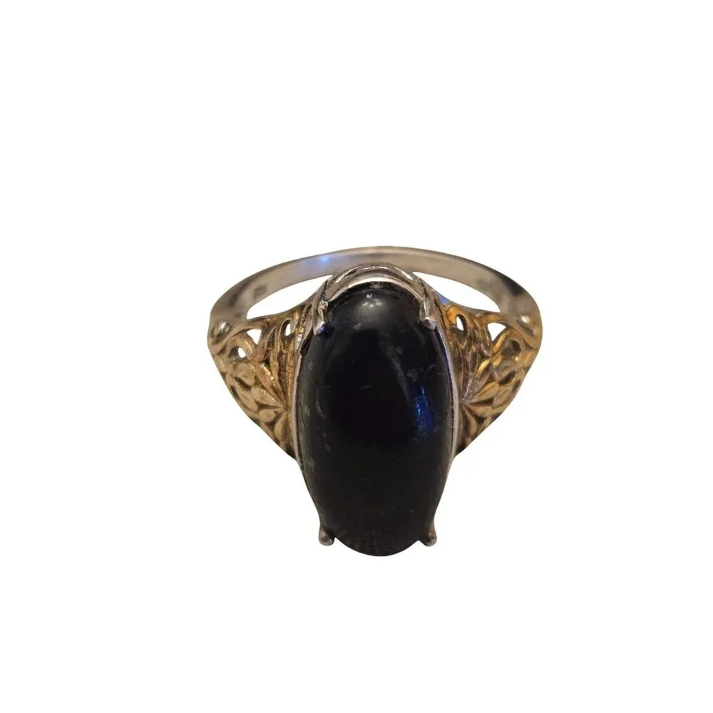 Vintage Sterling Silver Ring With Gold‎ Filigree Mixed Metal Black Oval Cabochon